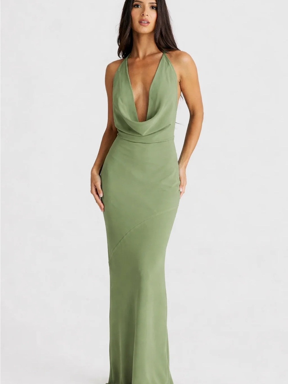 Sage Green Backless Halter Cowl Maxi Dress